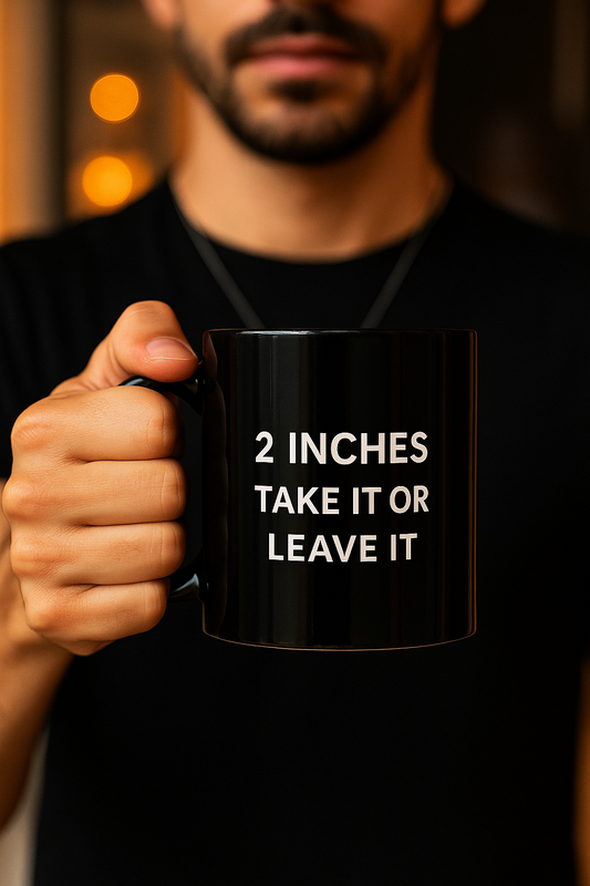 “2 Inches Take It Or Leave It” Elegant Black Coffee Mug - Customizable Gift, Unique Home Decor, Modern Kitchen Essential, Perfect for Birthdays or Holidays